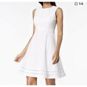 Calvin Klein White Eyelet Dress Sz 6 Fit Flare Bride Bachelorette Bridal Shower